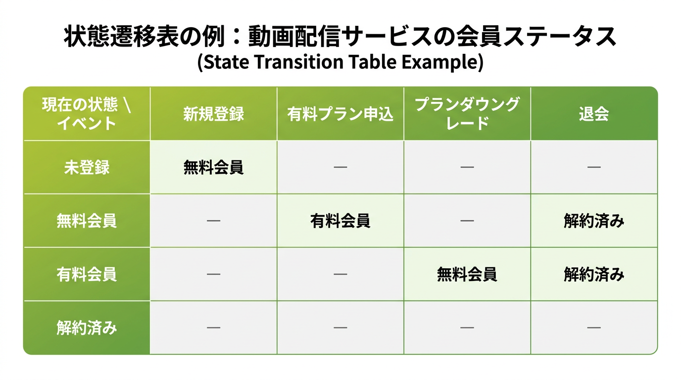 状態遷移表のサンプル:動画配信サービスの会員ステータス